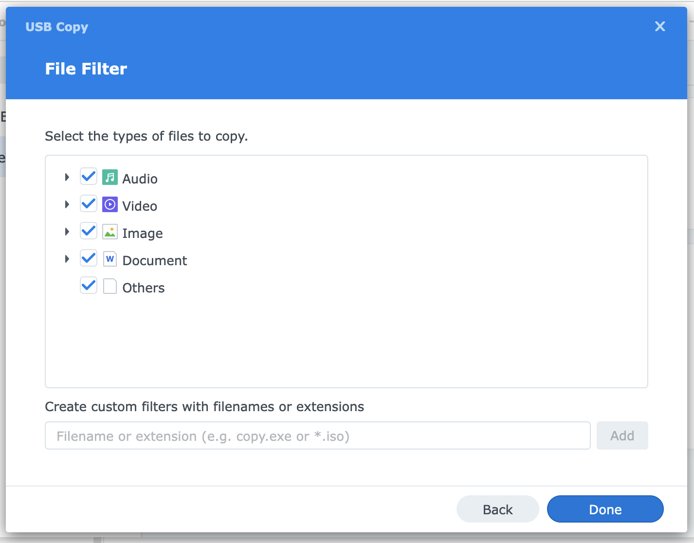 Select all filetypes for backup